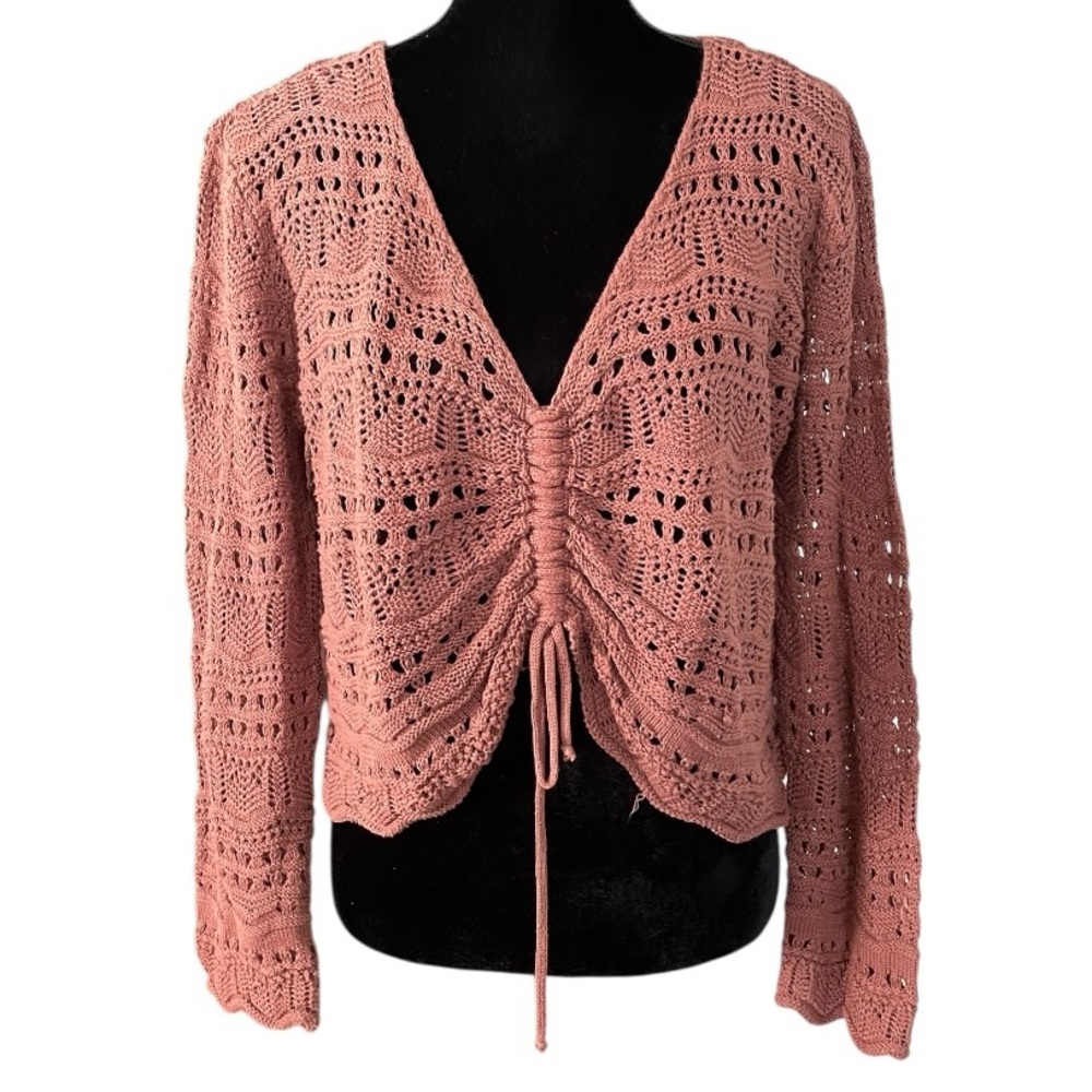 Lulus crochet knit v-neck Cinched Front Cropped sweater brown size XL boho beach